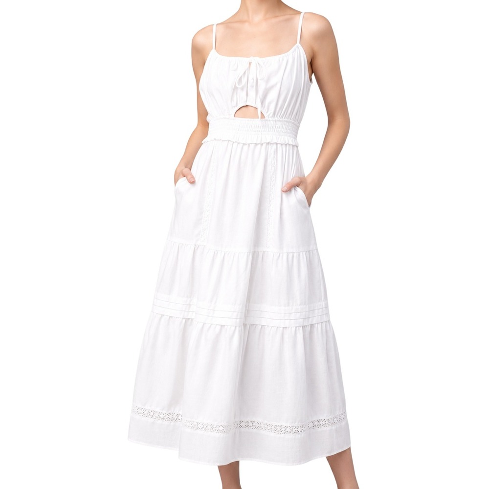 Lisa Says Gah‎ Dress Womens Small White Claudia Cotton Linen Smocked Tiered Midi